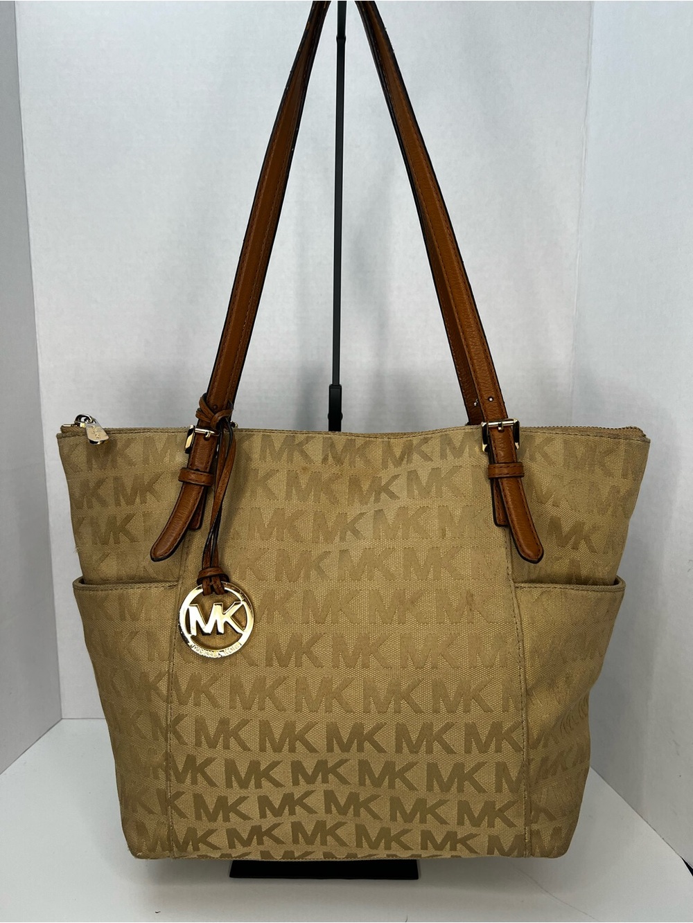 Michael Kors Tan Signature MK Monogram Tote with Brown Leather Straps